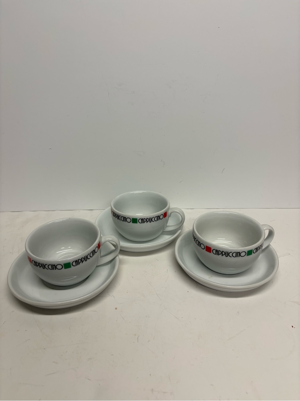 Cappuccino Espresso Cups with Saucers - White with Red & Green Accents Set of 3 - Picture 2 of 12